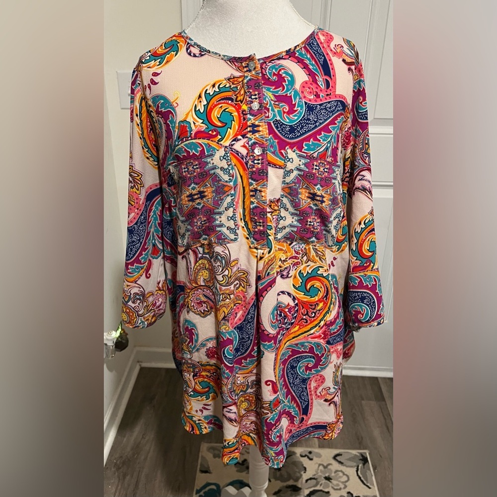 Anthropologie Fig & Flower Boho Tunic Top Women’s Pink & Blue Paisley Size 2X